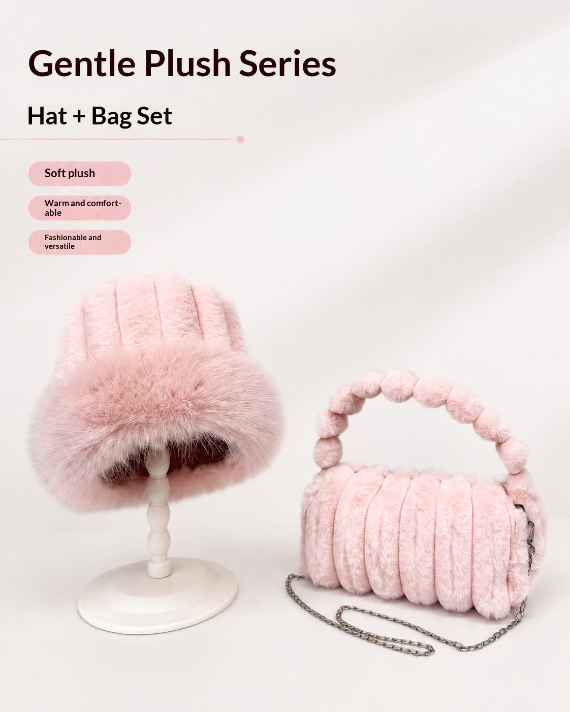 Bolso de peluche con bandolera y gorro – Rosa | Plush crossbody bag and hat – Pink